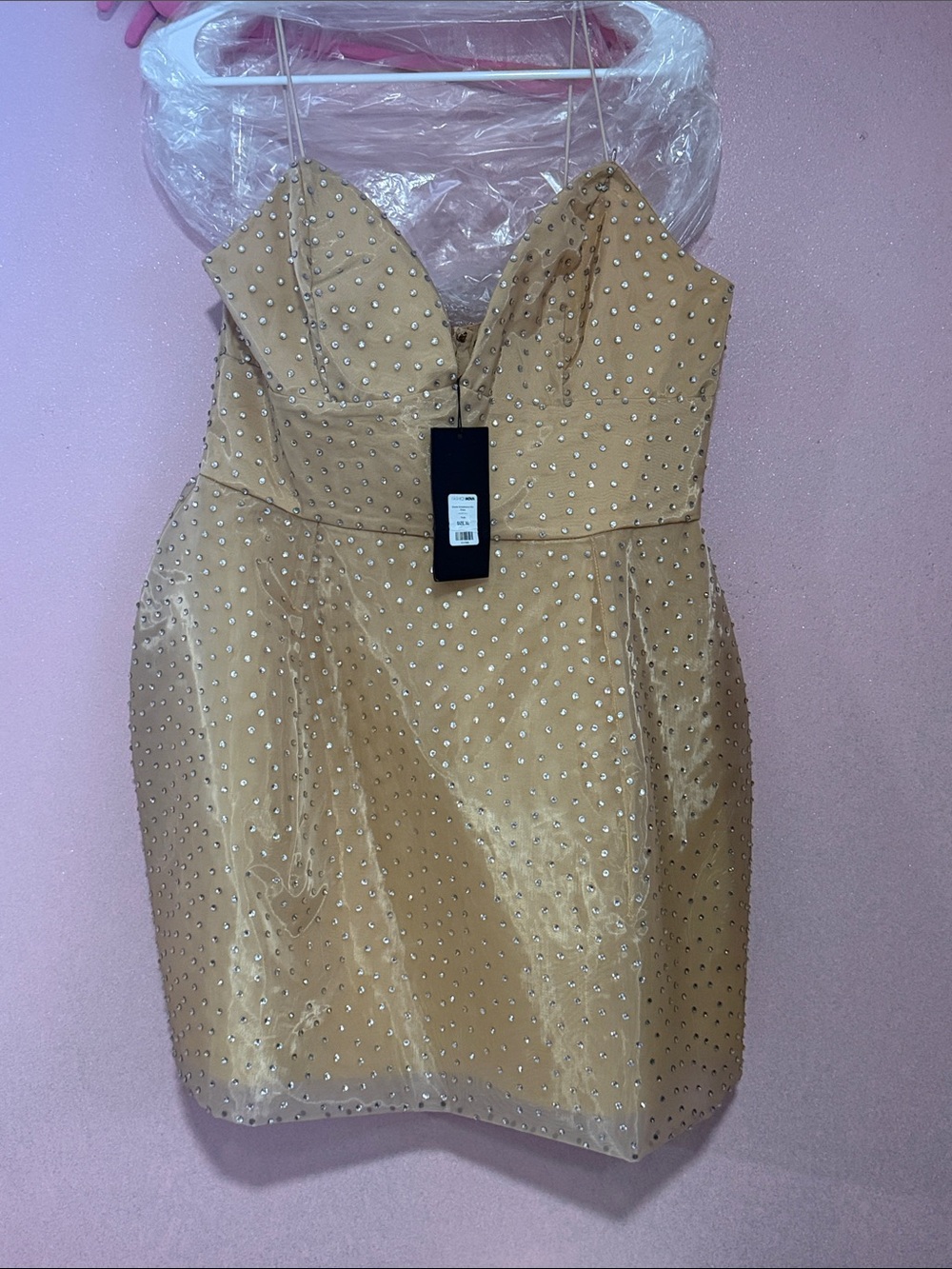 Fashion Nova Gold beige rhinestone Mini Dress with Sweetheart Neckline